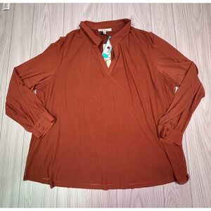 Les Serein Dawn Collared Knit Top Burnt Orange Split Neck Blouse 2X Stitch Fix